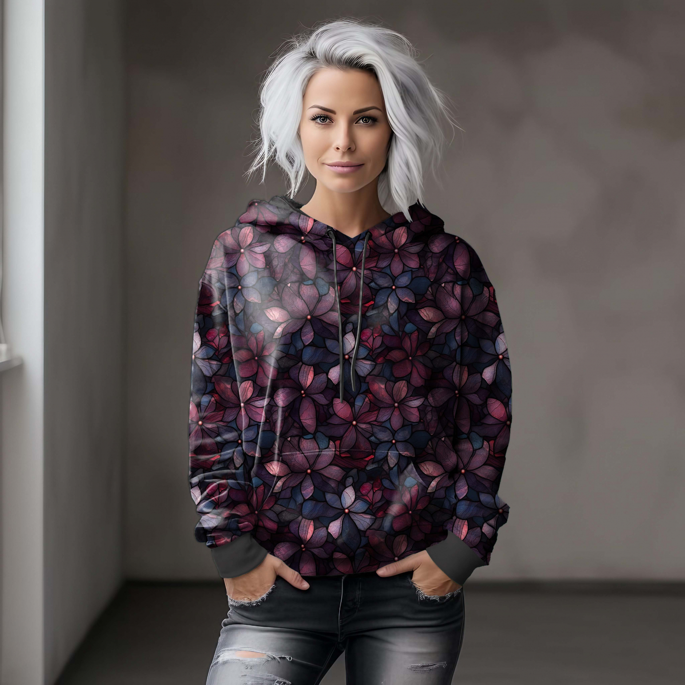 Bio French Terry mit Überbreite (Stoffbreite ca. 180 cm): Eigenproduktion  Red velvet blossom - von Graustufen-Stoffe